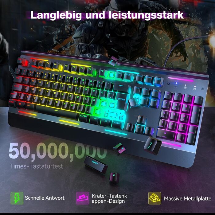 TECKNET RGB ігрова клавіатура для ПК, мембранна, 105 клавіш, повний металевий корпус, підставка для зап'ястя, 15 зон RGB підсвічування, 25 антиблінд, клавіатура для комп'ютера, німецька розкладка (QWERTZ)