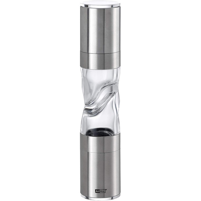 AdHoc DUOMILL PURE MP900 комбінована млинниця для солі та перцю, нержавіюча сталь та акрил, керамічні жорна, подвійна млинниця з ароматозахистом, подарункова упаковка, срібляста