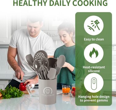 Набір кухонних аксесуарів 43 шт. Силіконовий набір лопаток, термостійкий та антипригарний. Набір кухонних інструментів бежевого кольору з контейнером, гачком для зберігання, придатний для миття в посудомийній машині, хакі