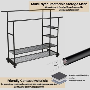 Легкий металевий вішак для одягу на колесах з полицями (білий/чорний)