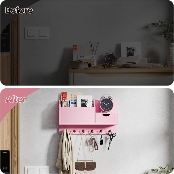 Настінна органайзер для ключів з 6 гачками та шухлядою, дерев'яний, для дому, офісу, прихожої (білий, рожевий)