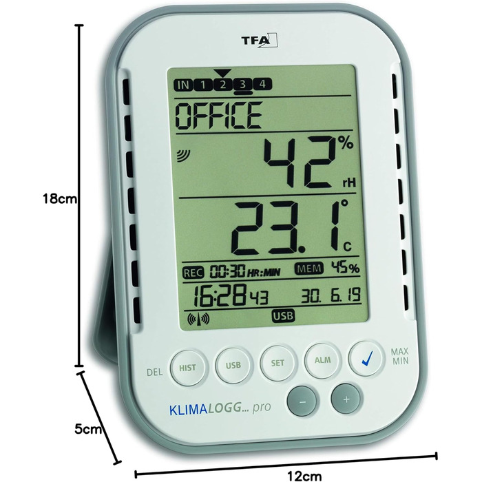 TFA Dostmann Climate Logger Pro Professional Thermo-Hygrometer, 30.3039, with Data Logger Function, Alarm Function, Max./Min. Values, professional room climate monitoring, White, L 98 x W 25 (77) x H 137 mm