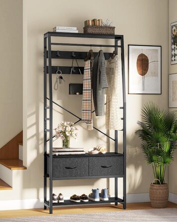 YITAHOME Entryway Storage Bench with Shoe Cabinet, Freestanding Entryway Bench with Bank and 2 Folding Drawers, Industrial Coat Rack with 8 Hooks for Entryway, Living Room, Bedroom, Metal Frame, Rustic Brown (Black)
