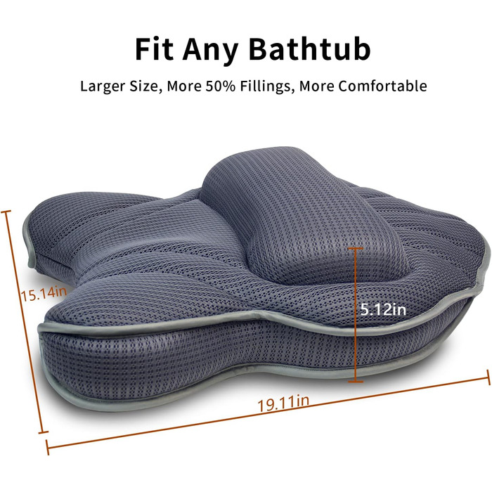 Poemland Extra Thick, Large Bathtub Pillow with Neck, Back, and Head Support for Bathtub, Spa, Soaking - Grey (19 x 15 inches)