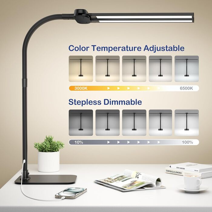 LED лампа настільна Kary з регулюванням яскравості, 24W, подвійний напівкруг, для офісу, роботи, читання, з пультом та USB-портом, чорна