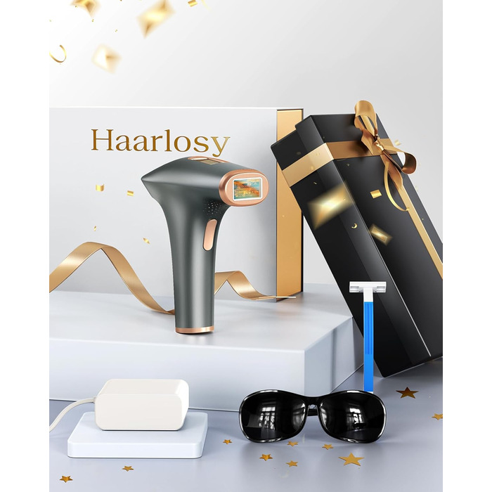 Пристрій для епіляції IPL Haarlosy: безболісна епіляція вдома для жінок та чоловіків, 9 рівнів, 999,900 імпульсів, 3 функції (HR/SC/RA), для тіла, ніг, зони бікіні, пахв. Чорний колір.