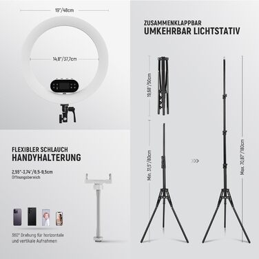 NEEWER Комплект кільцевого світла для фото та відео: 48 см, 52 Вт, регульоване LED, штатив, Bluetooth, для смартфона, YouTube, селфі (RH100B)