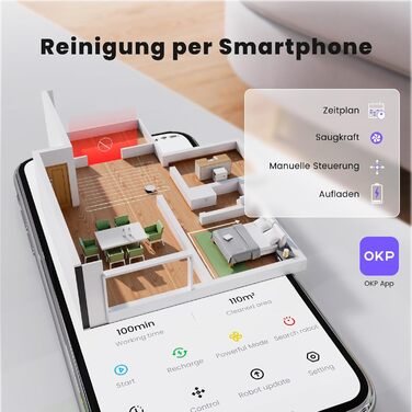 Робот-пилосос OKP K5P: потужність 5000Pa, навігація, HEPA-фільтр, Wi-Fi, для тварин, килимів, твердих підлог