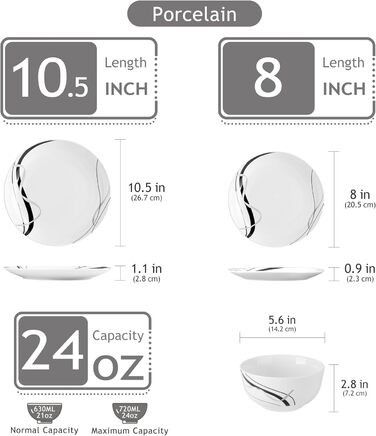 Набір посуду VEWEET FIONA для 4 осіб (12 предметів): тарілки та миски з чорними та сірими смужками, для вечері, безпечний у мікрохвильовці та посудомийній машині