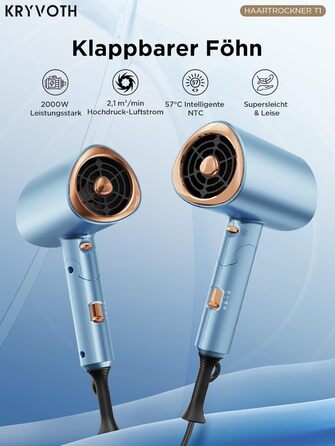 Складаний фен з іонізацією 2000 Вт, професійний, швидко сушильний, 2 швидкості, 3 режими нагріву, холодний струмінь, дифузор, концентратор, гребінці для укладки, для чоловіків та жінок, у подорожі