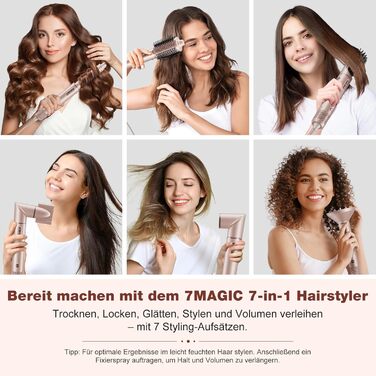 7MAGIC Airstyler 7-в-1: професійний набір для укладки волосся, 110000 обертів/хв, 1400 Вт, фен-щітка, авто-локон, випрямляч, іонізація, для створення об'єму, локонів та випрямлення, з дорожньою косметичкою