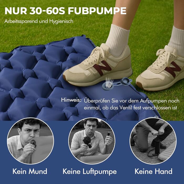 Надувний килимок для кемпінгу самонадувний Ultraleichte 195x60 см з вбудованою подушкою та помпою, водонепроникний, синій