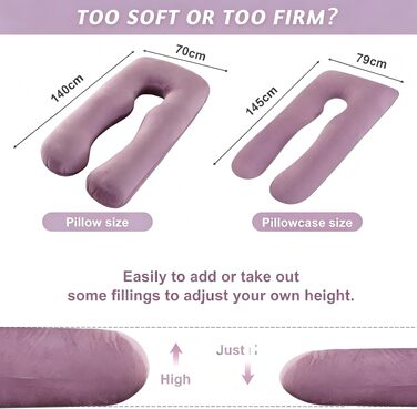 U-подібна подушка для вагітних та годування XXL, подушка для сну на боці з вийманим велюровим чохлом, 145x70 см, рожева