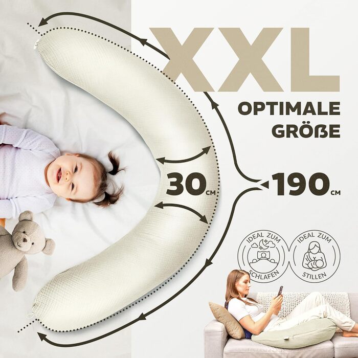 Подушка для годування sei Design XXL 190x30 см з мусліновою наволочкою, ергономічна, для вагітних, для сну на боці, комфортна подушка для дорослих, наволочка з 100% органічної бавовни муслін