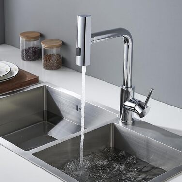 Змішувач для кухні BELZ з висувною лійкою, 3 режими, поворотний на 360°, з нержавіючої сталі SUS304, матовий хром