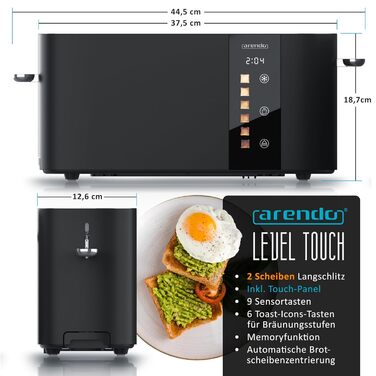 Тостер Arendo з нержавіючої сталі, 2 відділення, довгий проріз, сенсорний дисплей, подвійні стінки, підставка для булочок, 6 рівнів підсмажування, центрування хліба, індикатор часу, функція пам'яті, чорний колір A: Нічний чорний