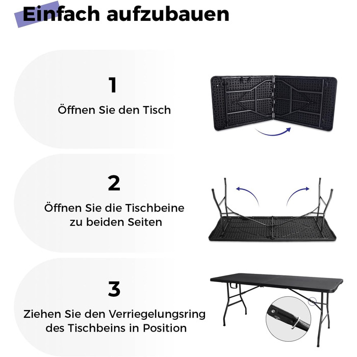 Складаний столик 180 см, портативний, міцний, пластиковий, для дому та відпочинку (чорний)