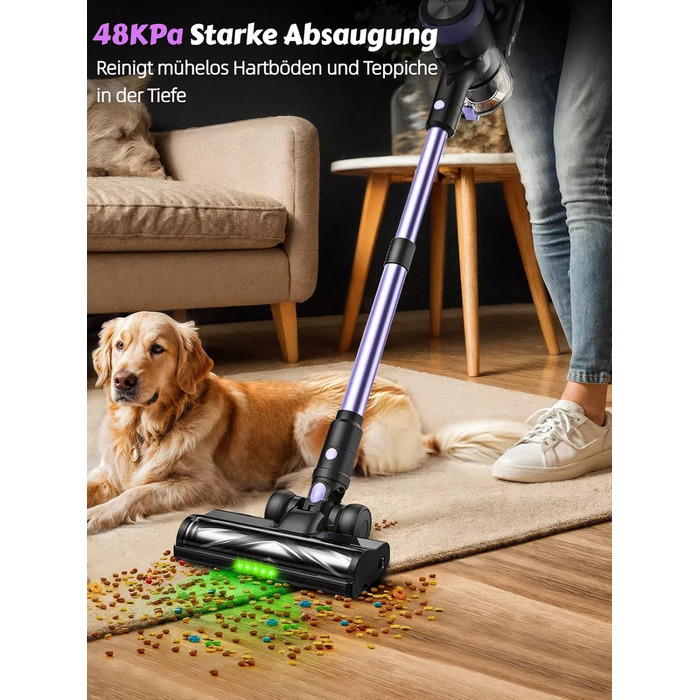 Бездротовий пилосос SUXIANGVAC 48KPa, 500W, 55 хвилин роботи, з док-станцією, LED дисплеєм, антизаплутана щітка, для шерсті тварин, килимів, твердих поверхонь, авто, фіолетовий