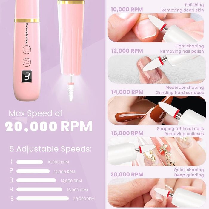 Професійний електричний фрезер для нігтів 12 в 1 з USB-зарядкою, 20000 RPM для манікюру та педикюру (Рожевий)