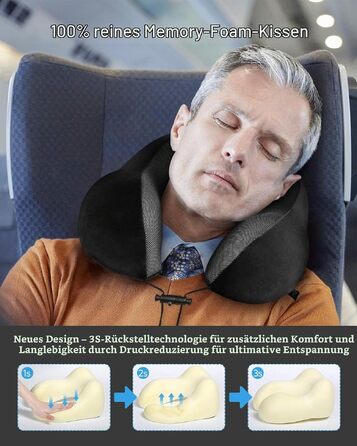 Ортопедична подушка для подорожей HOMIEE з ефектом пам'яті (Memory Foam), ергономічна підтримка шиї для літака, авто та офісу, чорна