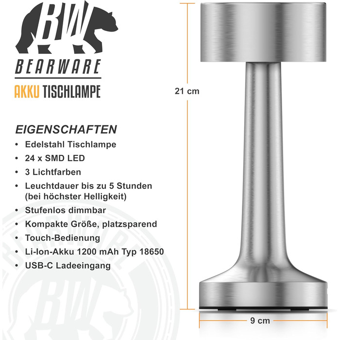 LED настільна лампа CSL бездротова, диммувана – 3 кольори світла, акумулятор, сенсорне управління, USB-C, вінтажний стиль, нержавіюча сталь, для дому та вулиці