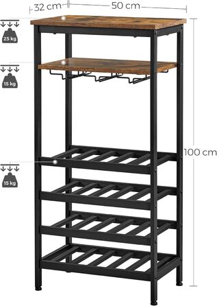 VASAGLE Wine Rack for 20 Bottles, Wine Shelf, with Glass Holder, for Cellar, Kitchen, Dining Room, Industrial Style, 50 x 32 x 100 cm, Rustic Brown and Black LWR020B01