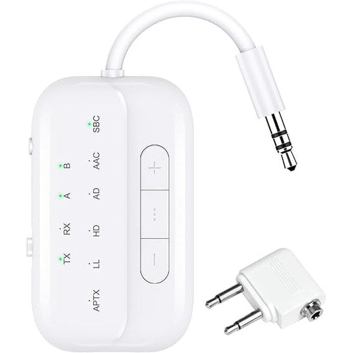 Bluetooth 5.4 адаптер-трансмітер та ресивер 2-в-1 Pro 2026, бездротовий аудіо-адаптер для ТБ, ПК, авто та літака, підтримка 2 навушників, AUX, білий