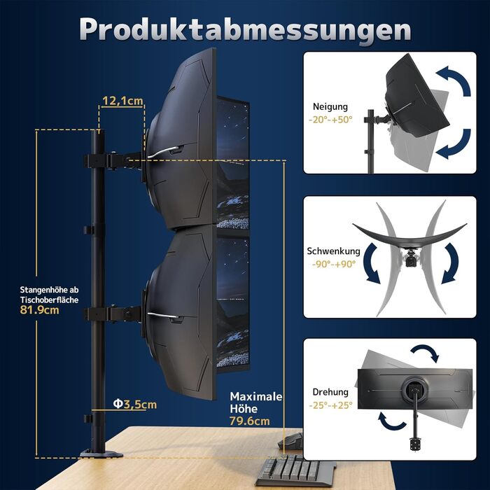 Кріплення для монітора 2 шт. один над одним, 17-49 дюймів, плоскі та вигнуті екрани, вертикальне кріплення, регулювання висоти, 20 кг на кріплення, VESA 75/100 мм, чорний