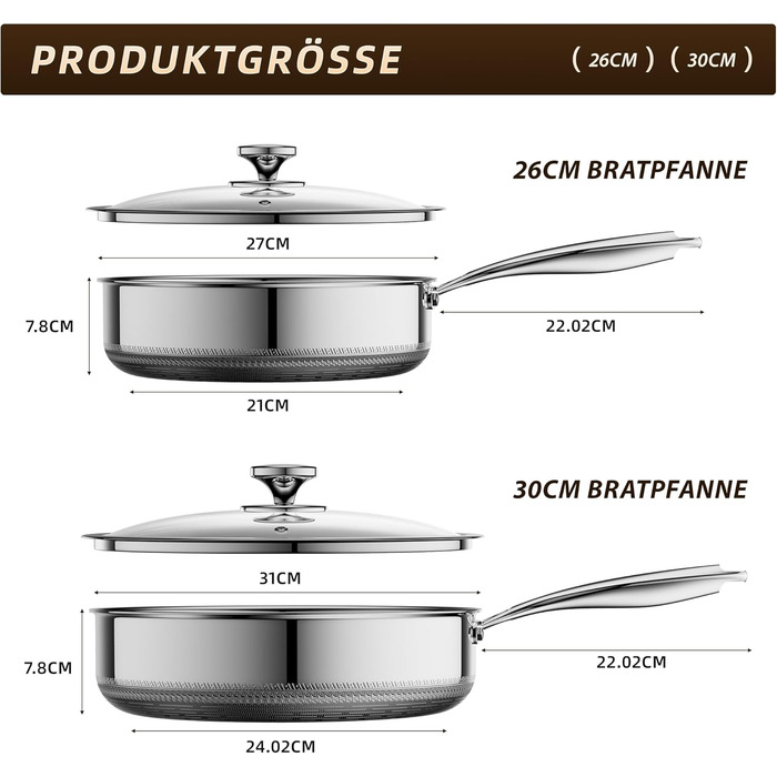 Сковорода глибока з кришкою 30 см FD-D з нержавіючої сталі гібридна, з холодною ручкою, для всіх плит (індукція), посудомийна машина, без PFAS/PFOA/PTFE, жаростійка до 260°C