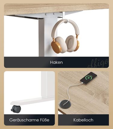 OffiGo Electric Standing Desk with USB Ports - Height Adjustable Desk, Memory Function, 160x70cm - White