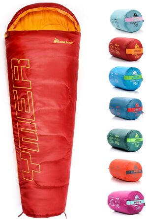 Дитячий спальний мішок Meteor Premium: літній, ультралегкий, для кемпінгу та відпочинку на природі. Підходить для дітей та підлітків. Кольори: темно-зелений/зелений, червоний/помаранчевий.