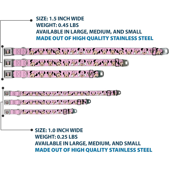 Нашийник для собак Buckle-Down Minnie Mouse з прикрасою в горошок рожевого та білого кольорів, 1 дюйм шириною, підходить для шиї 9-15 дюймів, розмір Small