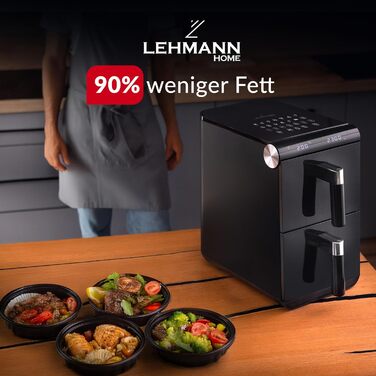 Фритюрниця без олії LEHMANN з 2 камерами, 2400 Вт, AirFryer XXL з 12 програмами, до 200°C, WiFi, 11л – для смаження, випікання, сушіння, грилю