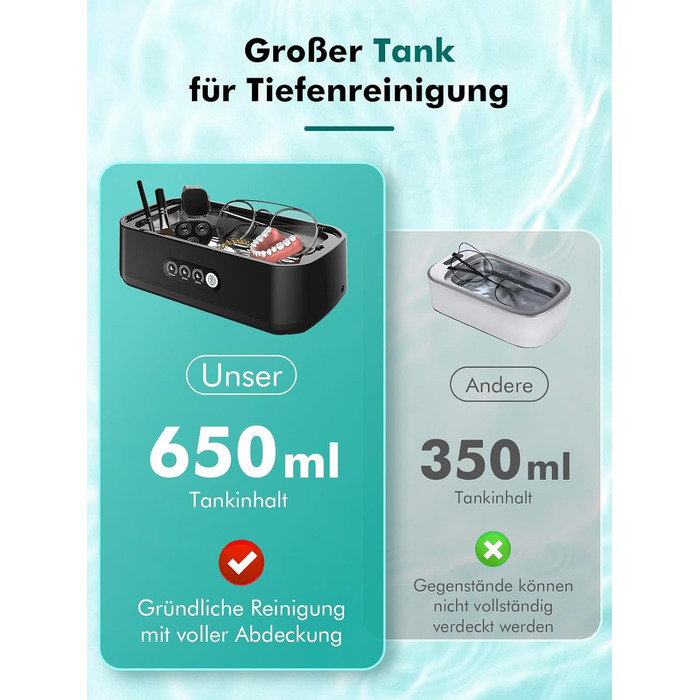 Ультразвукова мийка для ювелірних виробів та окулярів, 650 мл, 48 кГц, глибоке очищення 360°, чорний колір
