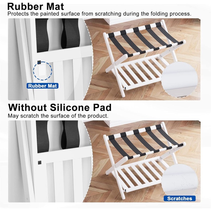 Fully assembled white luggage rack, enhanced bamboo, foldable suitcase stand with 5 nylon straps, luggage holder with shelf for guest rooms, hotel (white luggage rack, 1 piece)