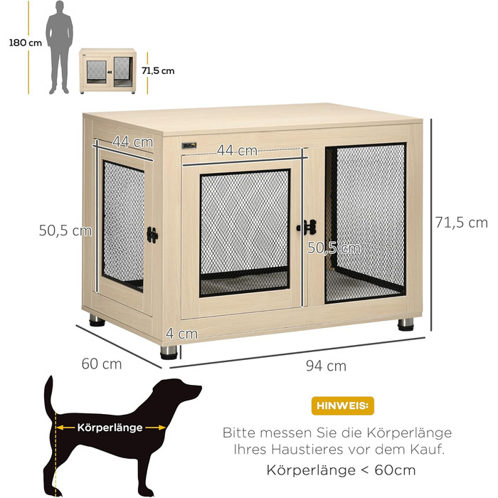 Клітка для собак PawHut з 2 дверцятами, знімний матрац, сучасна сталева собача будка для дому, підходить для великих собак до 30 кг, розмір 94x60x71,5 см, білий (дуб)
