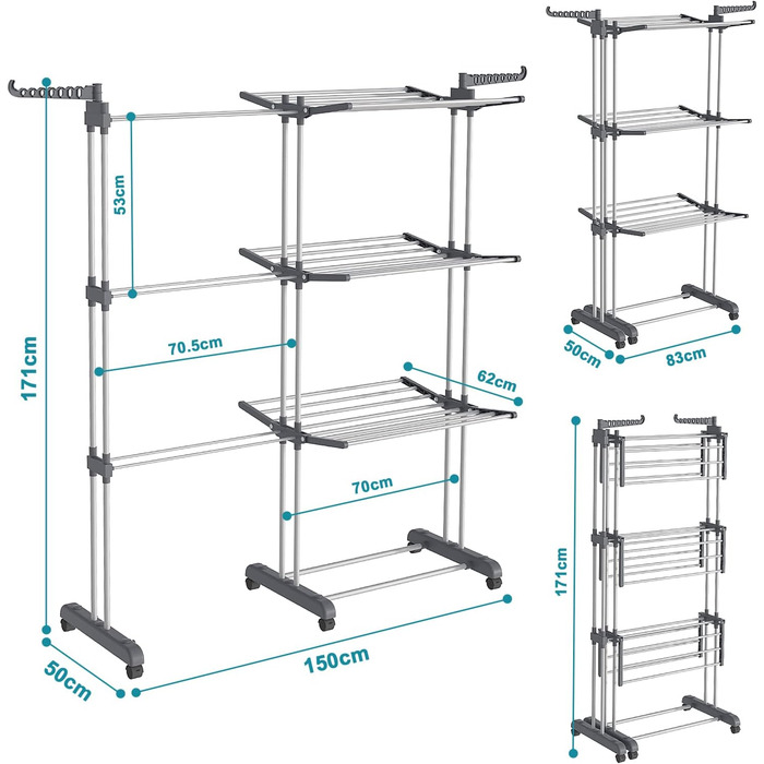 Розкладна сушилка для білизни Turm з 6 крил та 2 боковими крилами, сіра, S (розтяжна)