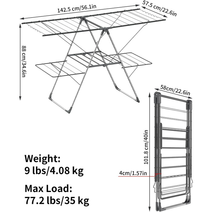 Складана сушарка для білизни Innotic, розкладна крилата сушарка-вежа (142.5x57.5x88 см), 33 прути, витримує до 35 кг, для балкона та дому, сіро-блакитна