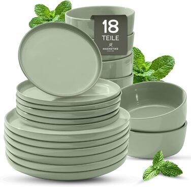 Набір посуду Feinsteinzeug на 6 осіб (18 предметів) — міцний, стійкий до подряпин, бежевий глянцевий | Столовий посуд, тарілки, миски — Magnetiks (Misty Mint, 18 предметів)