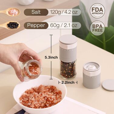 Набір з 2 мельниць для солі та перцю Vucchini з керамічним механізмом, регулювання помелу, сірий та білий колір