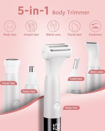 Електричний жіночий гірчак для інтимної зони 5-в-1 - для тіла, бікіні, брів та носа, IPX7, вологостійкий, білий