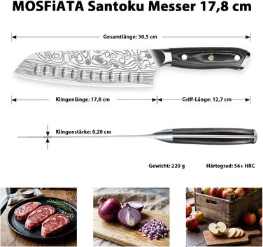 Ніж Santoku MOSFiATA 18 см кухонний, сталь EN 1.4116, дерев'яна ручка - гострий ніж для кухні