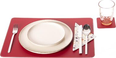 Placemats and Coasters (Set of 4) made of recycled leather, table mats, 4 placemats and 4 coasters, placemats and coasters 10 x 10 cm (Christmas Red, 45.7 x 33.02)
