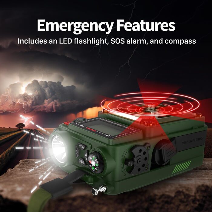 Радіо на сонячній батареї FosPower D9 з ліхтариком, AM/FM/WB, Power Bank 4000 mAh - Темно-зелений
