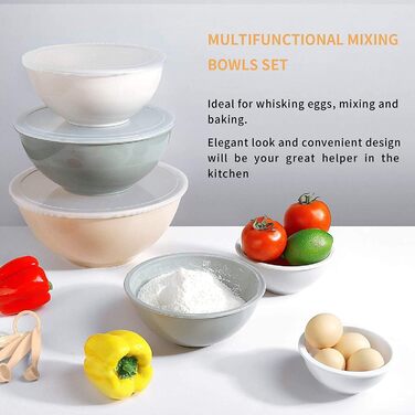 Mixing Bowl Set of 6, Plastic Cereal Bowl with Lid, Bowl with Lid, Includes 2 Forks & 4 Measuring Spoons, BPA-Free & Stackable, Ideal for Mixing and Serving (Khaki, 18)