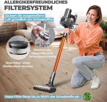 Акумуляторний пилосос KLAMER 2-в-1: вертикальний та ручний, час роботи до 45 хв, HEPA-фільтр для килима, авто та твердих поверхонь, сірий/помаранчевий, 2 акумулятори (по 45 хв)