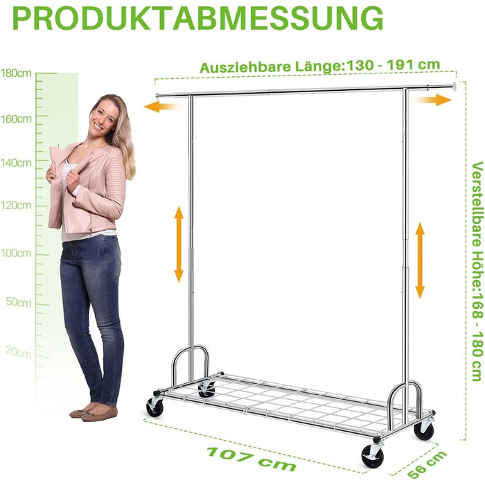 HOKEEPER Clothes Rack with Shelves, 450 kg Capacity, Rolling Clothes Rack, Portable Clothes Rack for Hanging, Chrome