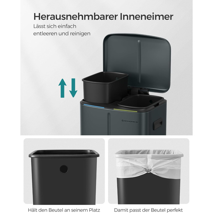 SONGMICS Відро для сміття 40 л з 2 відсіками, 2 x 20 л, з педаллю, з металу, з пластиковим внутрішнім відром, з кришкою, з ручками, Softclose, герметичне, біле LTB40WT (зелено-сіре)