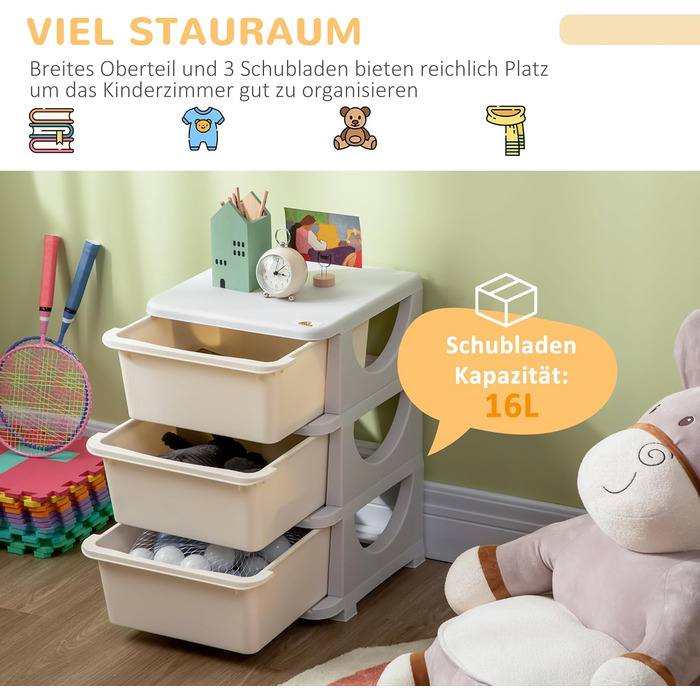 HOMCOM Kids' Storage Drawer Cabinet with Storage Boxes, Toy Organizer, Toy Chest, Three Tiers for Kids' Rooms, 3-6 Years, Children's Furniture, 37 x 37 x 56.5 cm (37L x 37W x 56.5H cm, Cream White)
