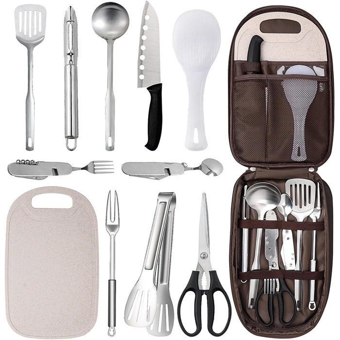 Набір посуду для кемпінгу на 10 осіб з нержавіючої сталі, легкий, з сумкою для зберігання. Ідеально для відпочинку на природі, пікніків, подорожей та кемпінгу.